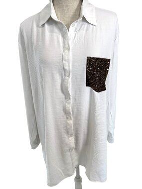 Misia White Collared Long Sleeve Button-Down Shirt With Brown Sequin Pocket XL